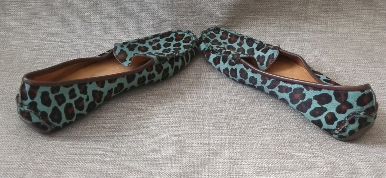 Patricia Green Jillian Driving Moccasin Teal Leopard Calf Hair Size 9.5W NEW