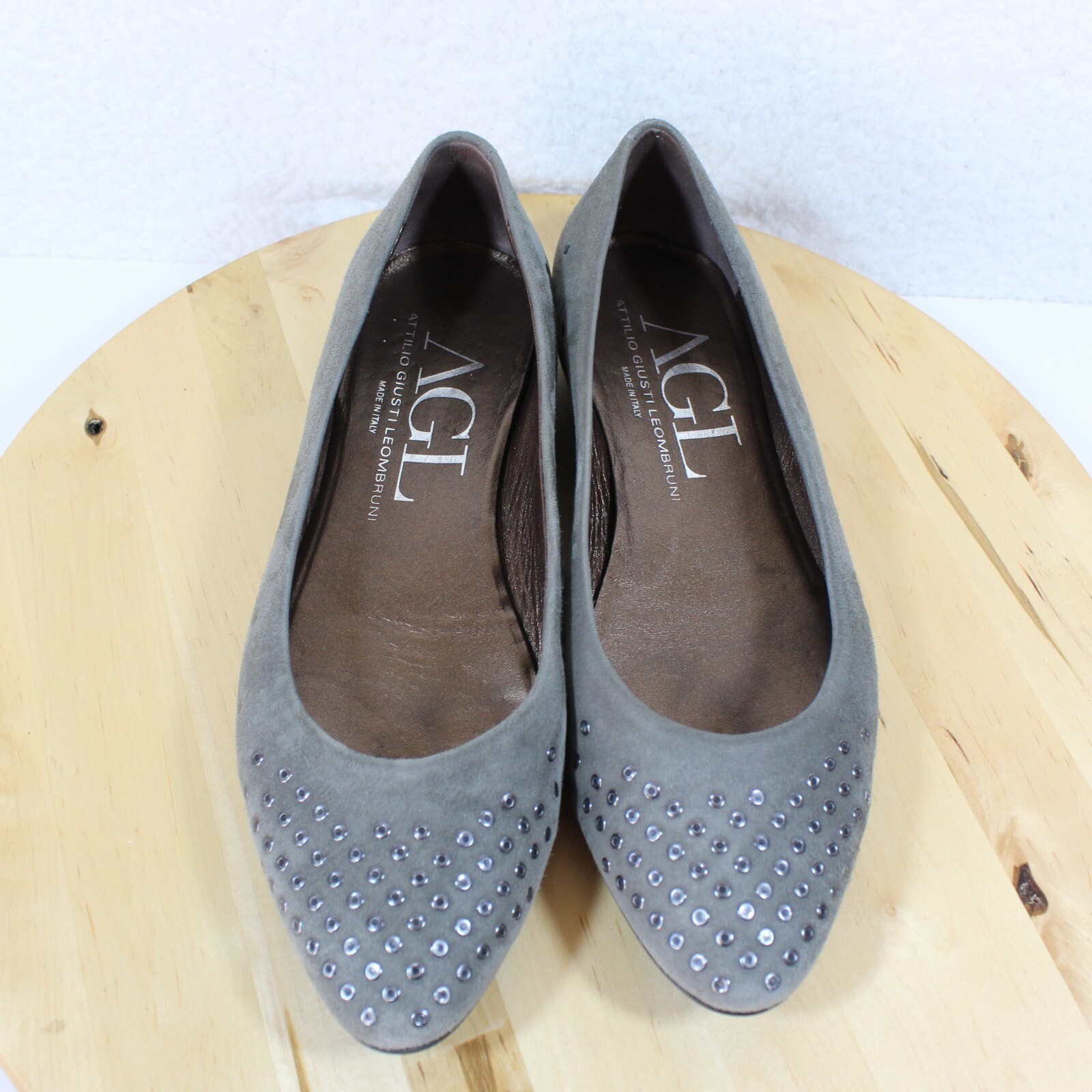 AGL Ballet Flat 39 Womens 9 Gray Suede Attilio Giusti Leombruni Rhinestone Studs
