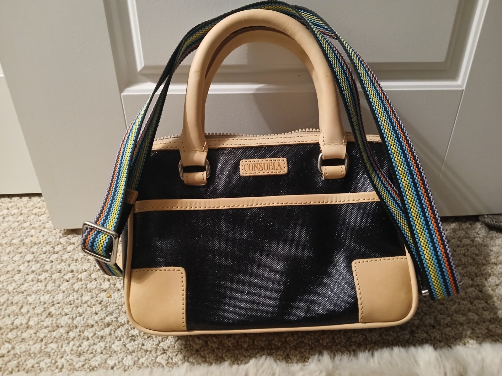 Consuela Small Black/Tan Satchel Zip Top Handle Multicolor Strap
