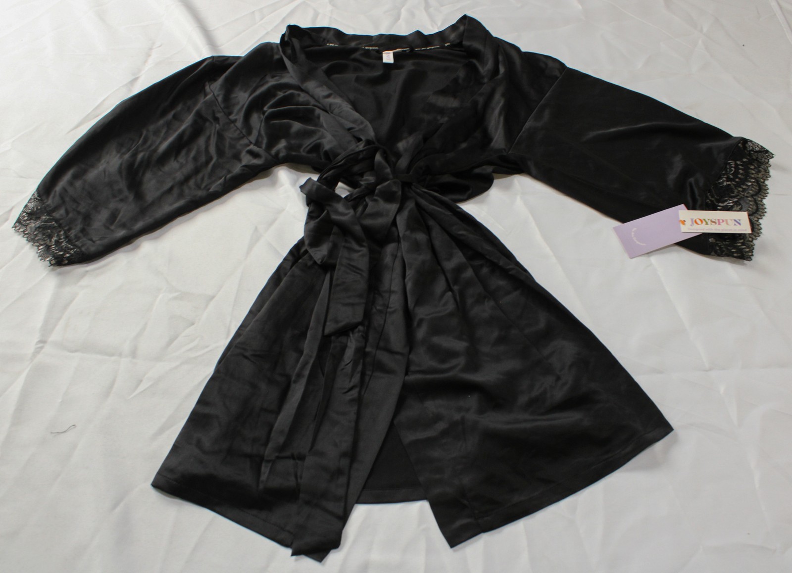 Joyspun Women’s Lace Trim Relaxed Self-Tie Belt Robe EH6 Black Soot Small NWT