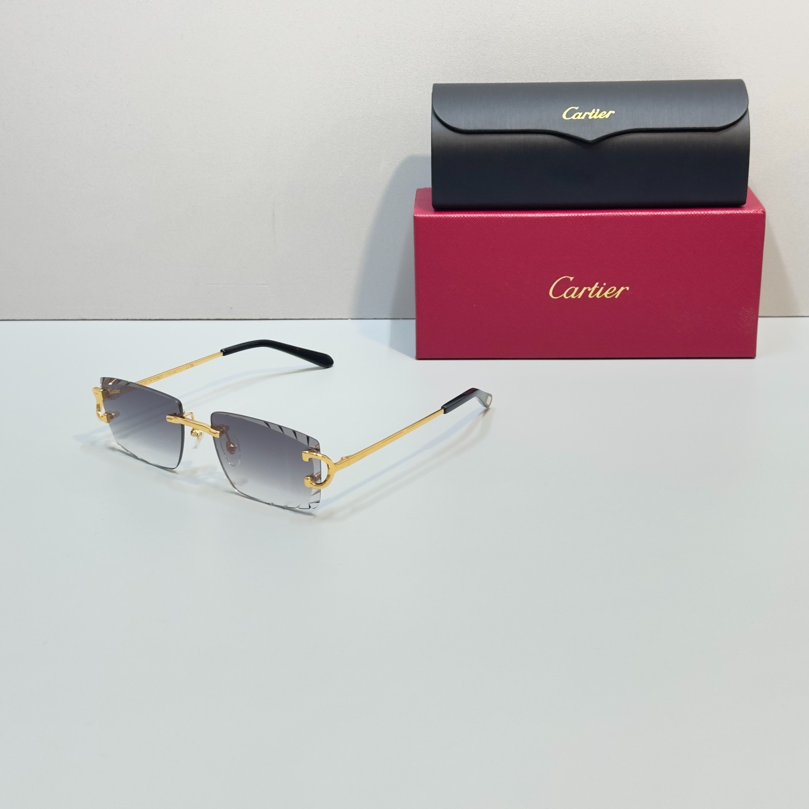 Cartier CT0092O Big C Gold Rimless Gray Gradient Sunglasses New w/ Box