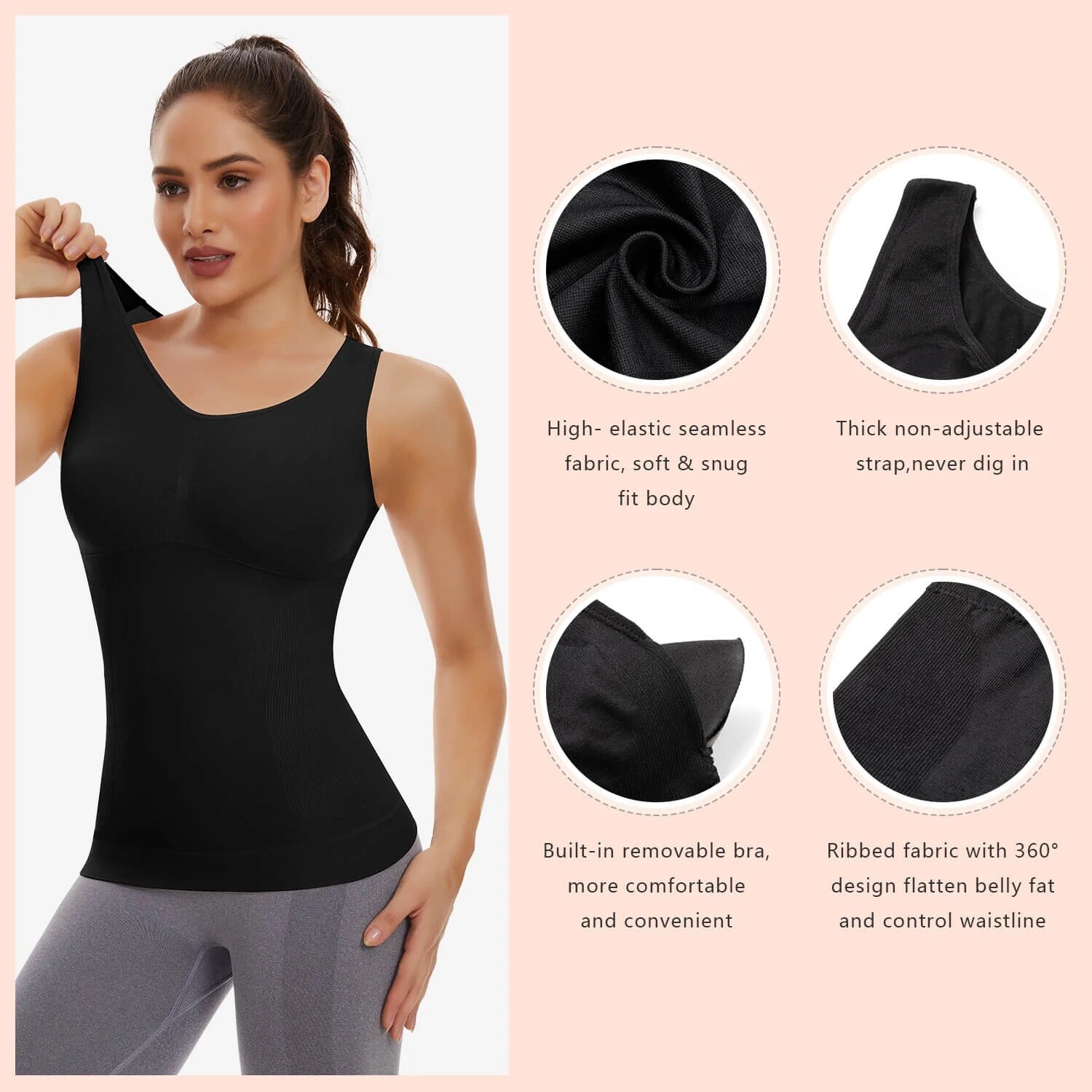 3 Pack Slimming Tank Tops with Built in Bra Women Cami Compression Body Shaper