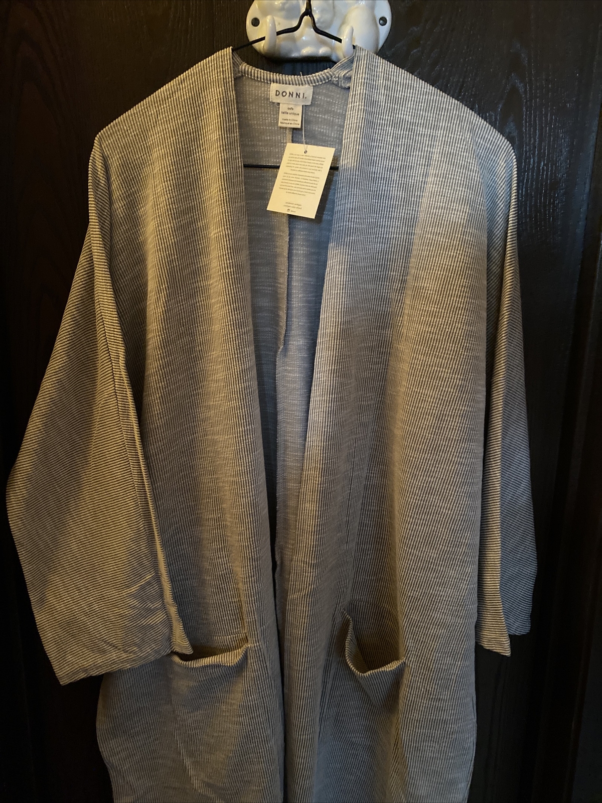 Donni Gray Beige Vertical Striped Sandwash Cardigan Sweater Jacket One Size NWT