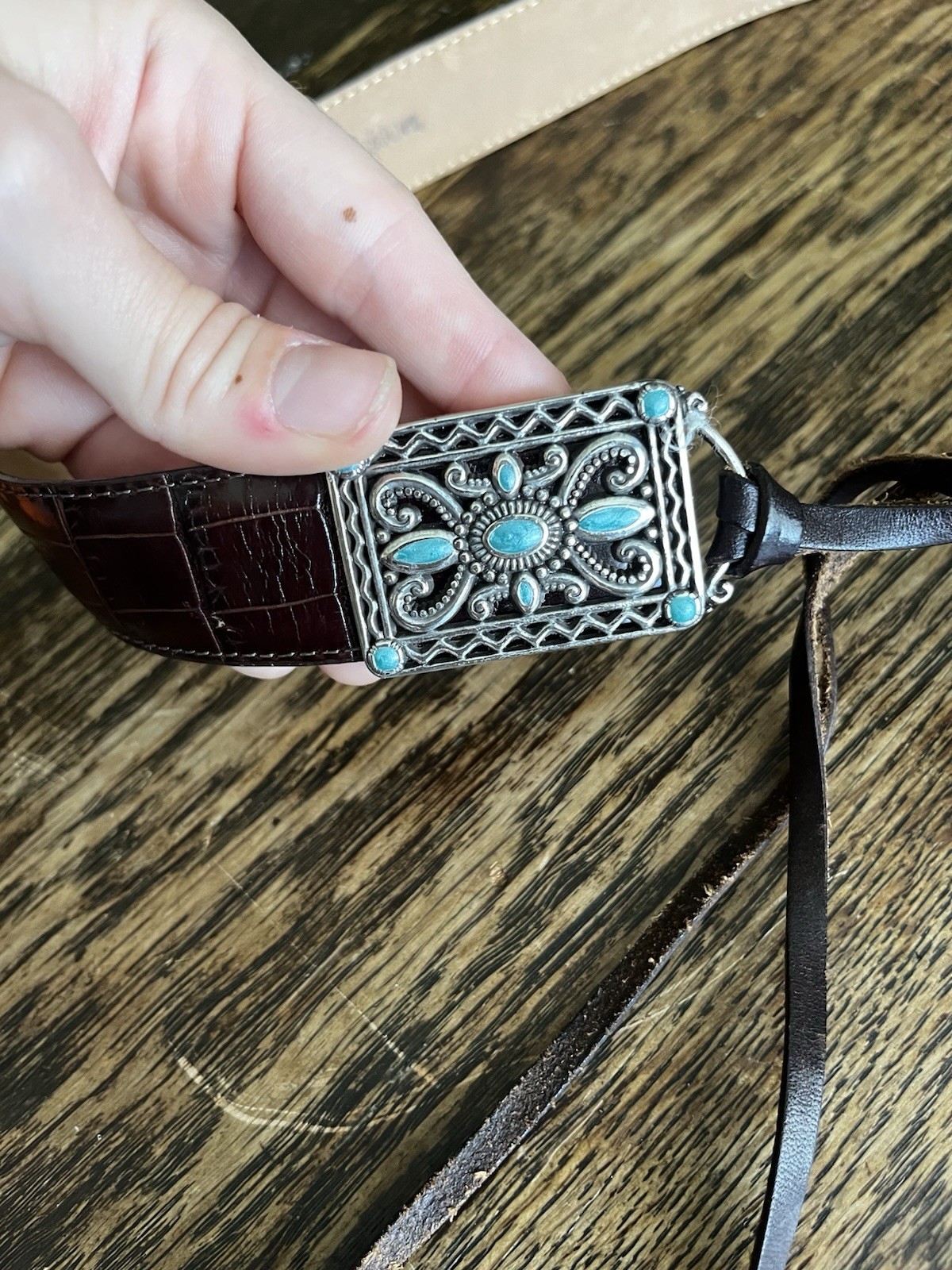 Brighton Western Belt Womens Size Medium M Black Croc Turquoise Embellished
