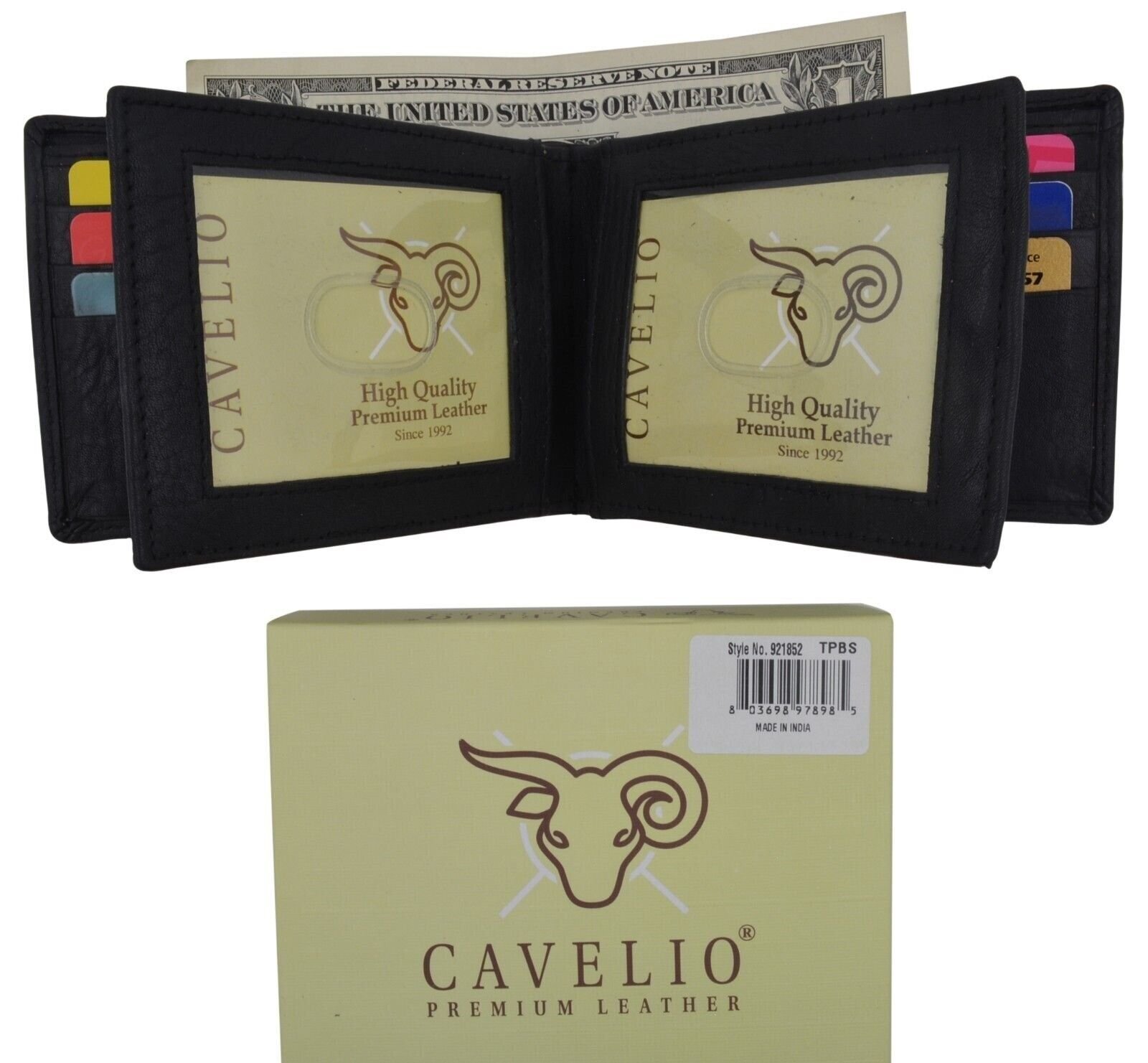 Bifold Black Premium Leather Multi Credit Card ID Holder Mens Wallet by Cavelio