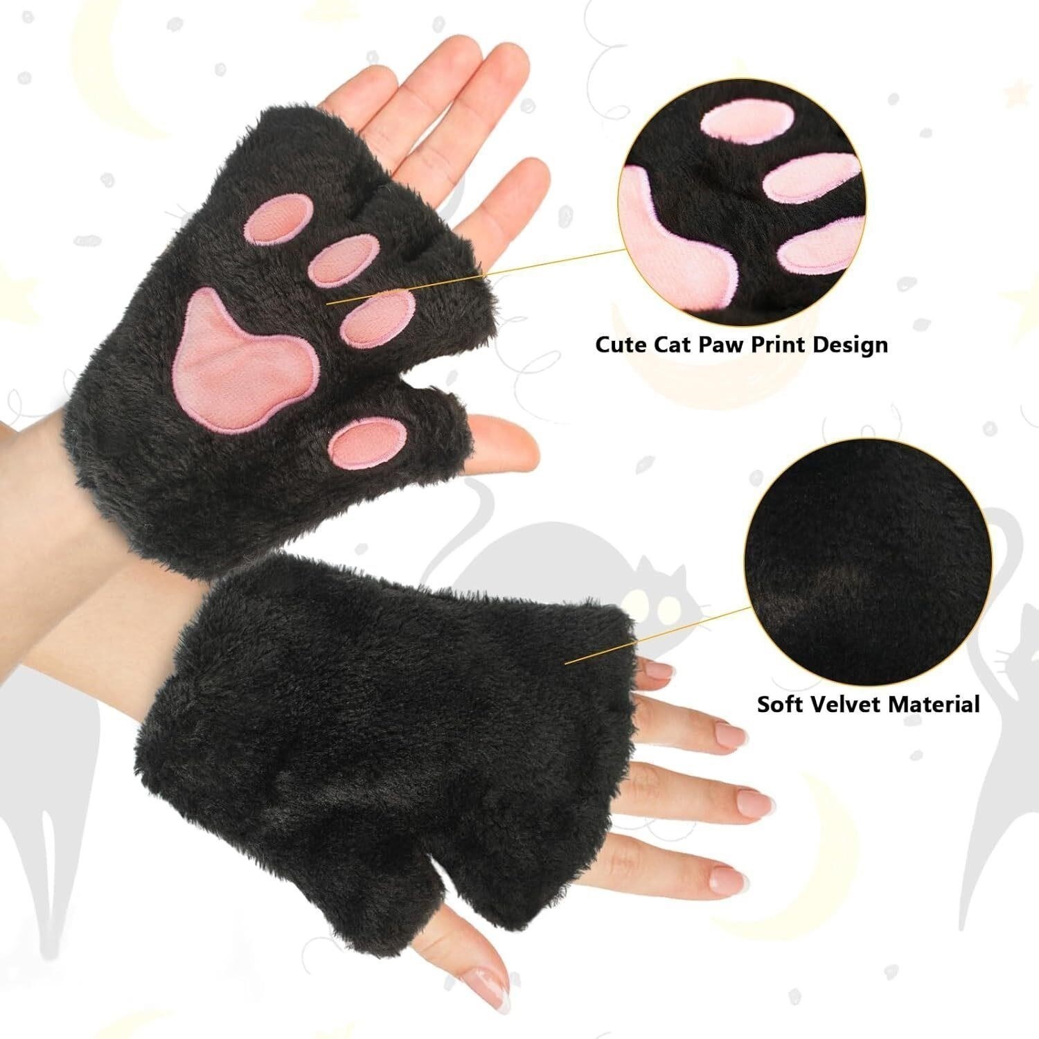 Halloween Plush Cat Animal Costume Set Ears, Paw Gloves, Choker, Headband & Tail