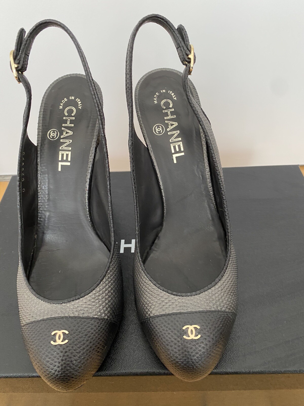 Chanel slingbacks 39.5. Black and Grey, Platform, Heel 12cm
