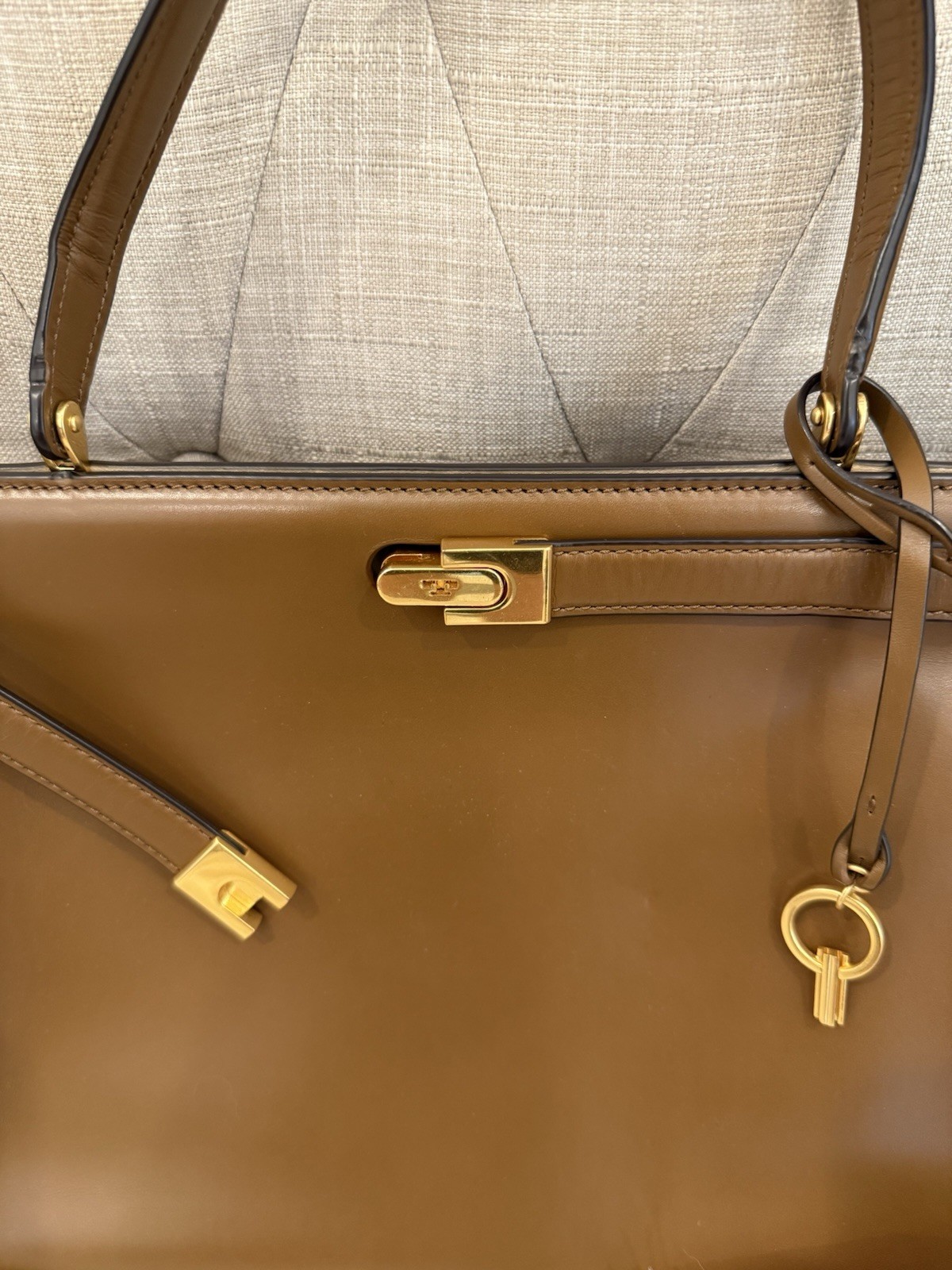Tory Burch Lee Radziwill Leather Top Handle Satchel-Large in Moose w gold HW