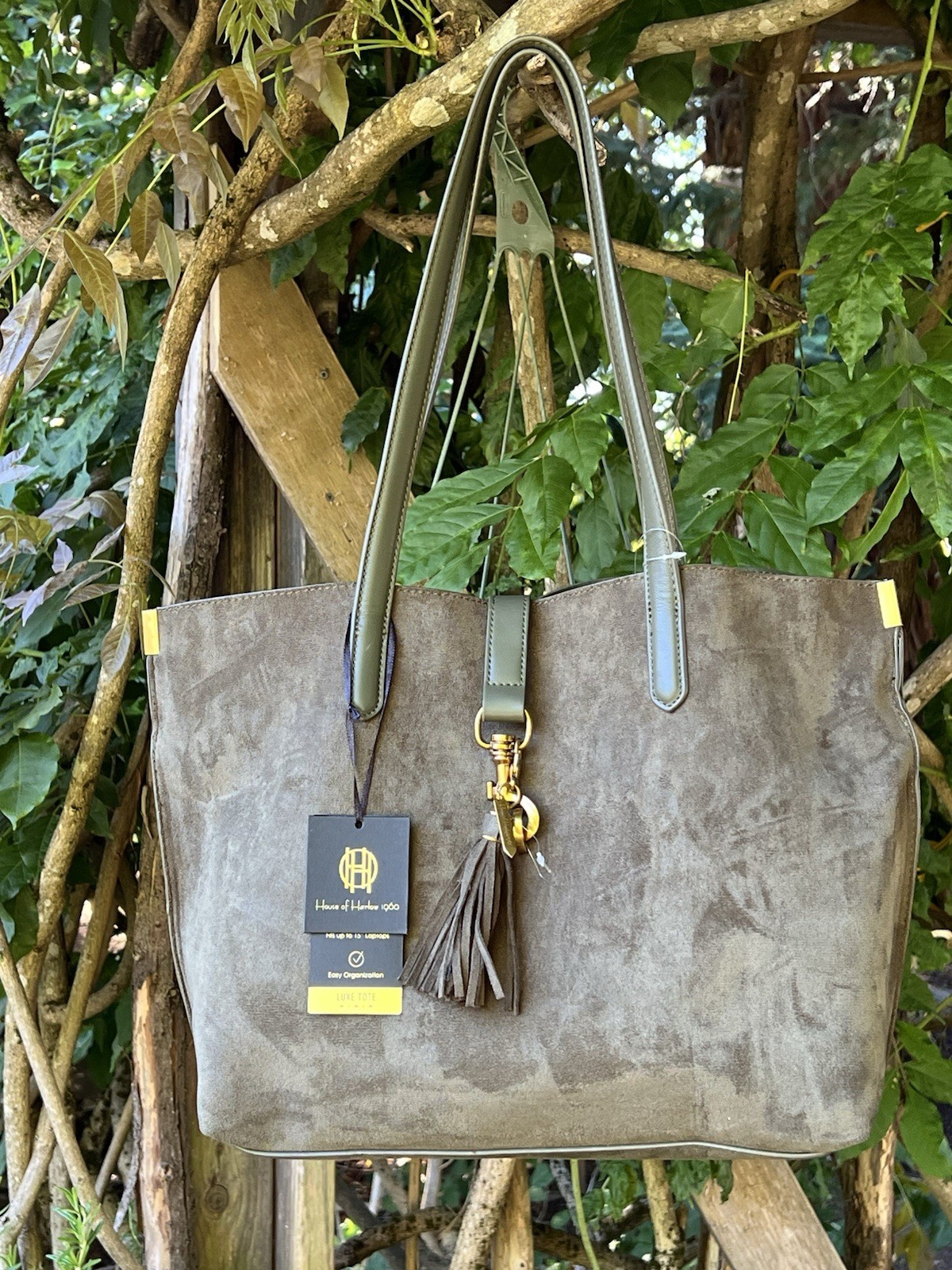 House of Harlow 1960 Luxe Tote Olive Green Faux Suede Laptop Bag NWT Tassel Lrg.