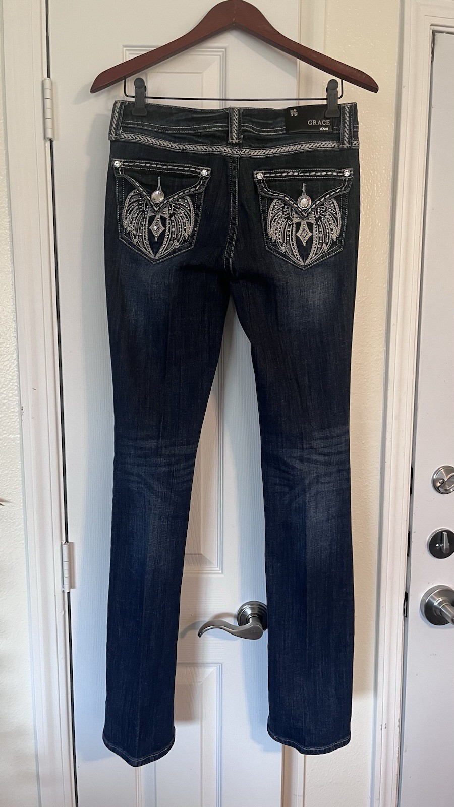 Grace In LA Easy Fit Jeans Sz 9M Blue Dark Wash Bootcut Embellished