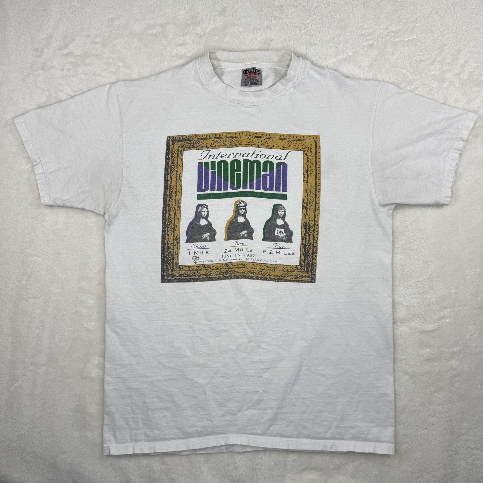 1997 Vintage Mona Lisa Triathlon Athlete Sponsor Promo White Large Oneita Shirt