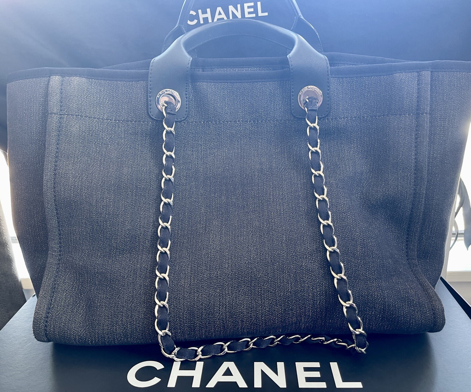 CHANEL Deauville Large Denim Tote Bag Navy Blue, Orange