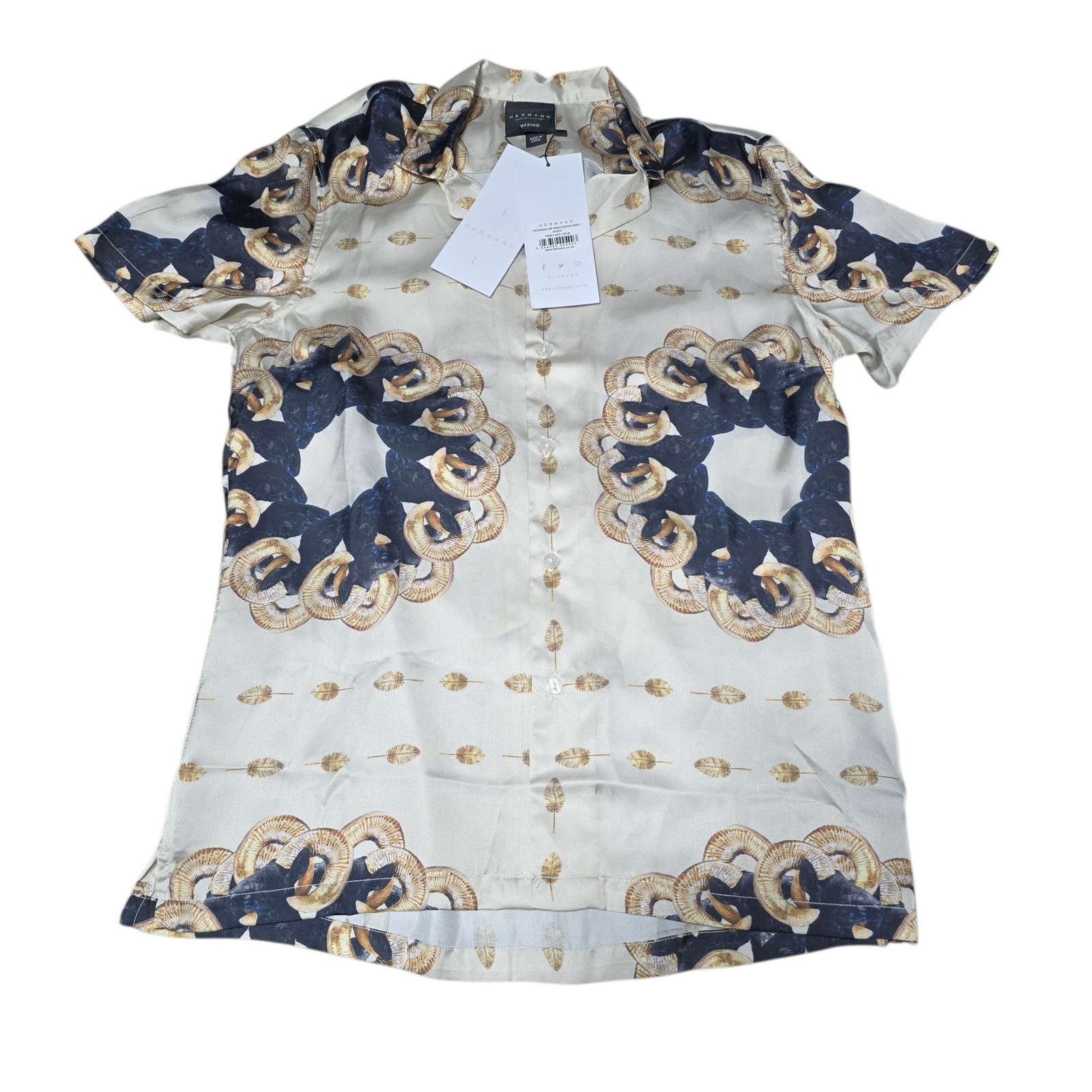 HERMANO SS Ram Cuban Shirt Ivory Button Up Short Sleeve Menswear Pattern M