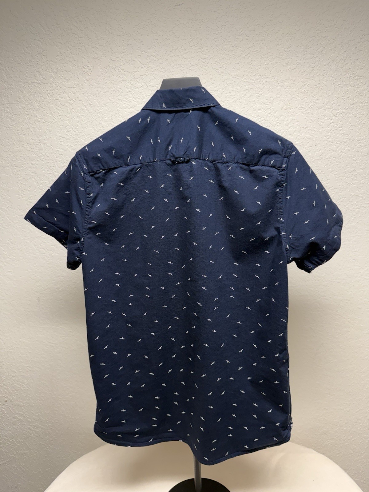 Denim & Flower Bird Print Cotton Blend Button-Up Shirt Blue Short Sleeve 38