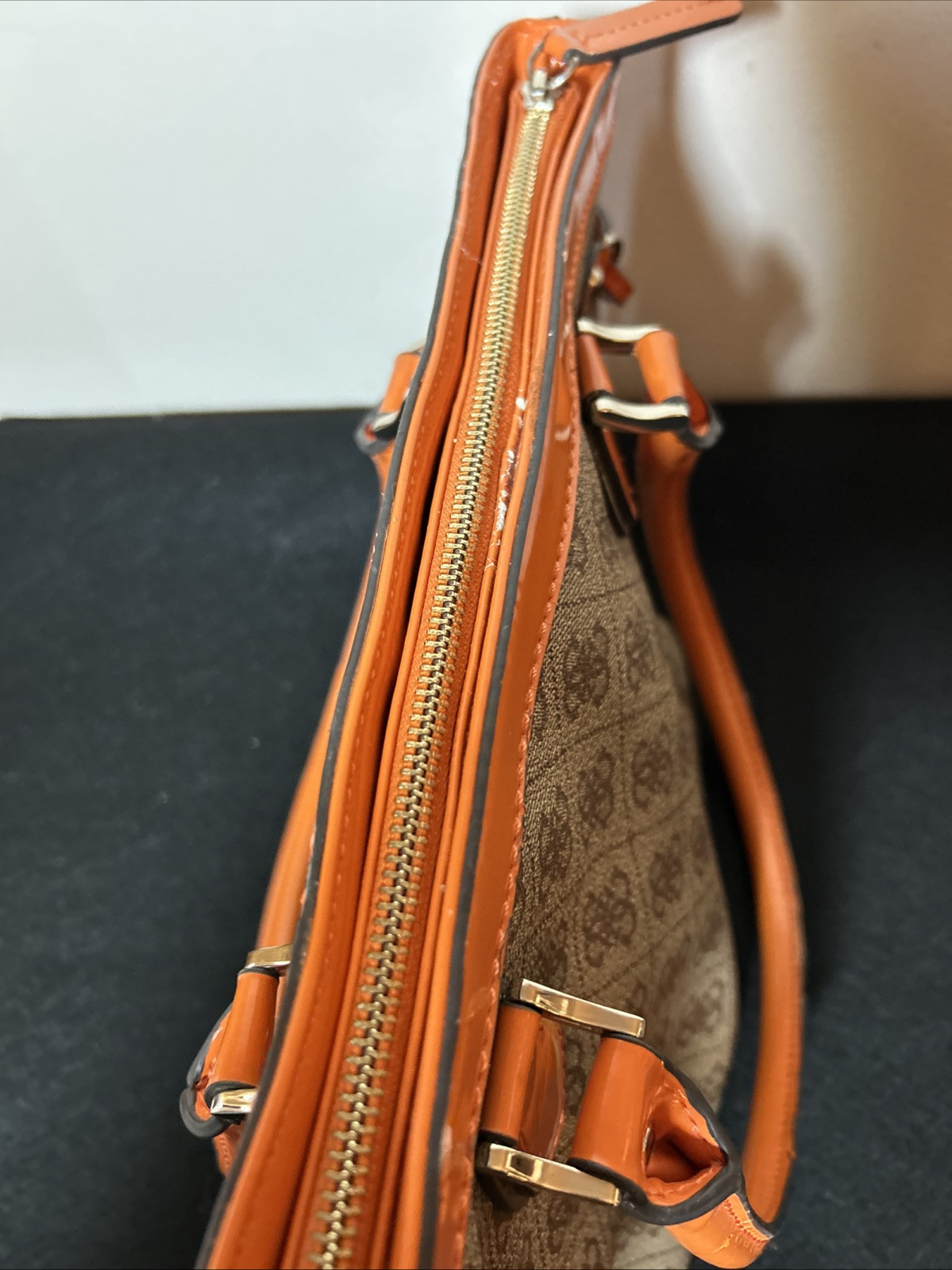 Guess Taupe Monogram Double Orange Handle Tote