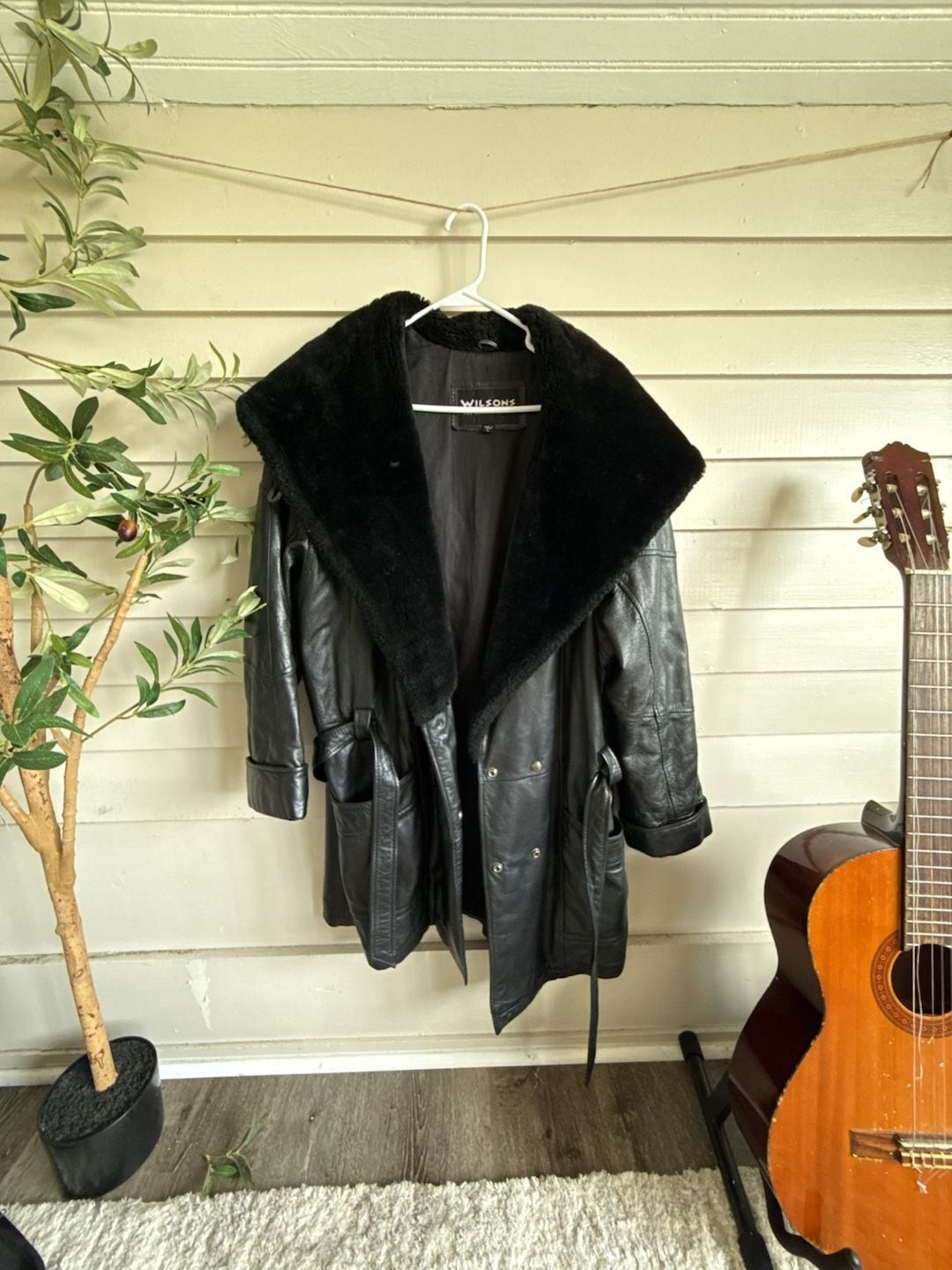Wilsons Leather vintage Women’s Belted Black Leather Coat with Faux Fur Hood