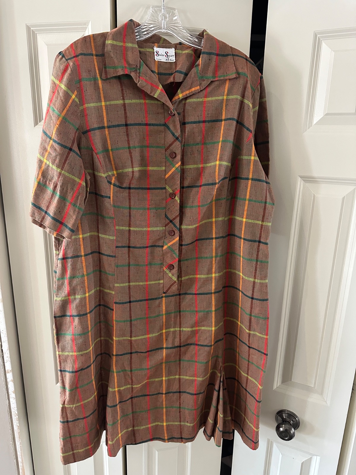 VTG SHAKER SQUARE BY BILL SIMS DRESS SZ M/L SHEATH PLAID COTTAGECORE PRIMITIVE
