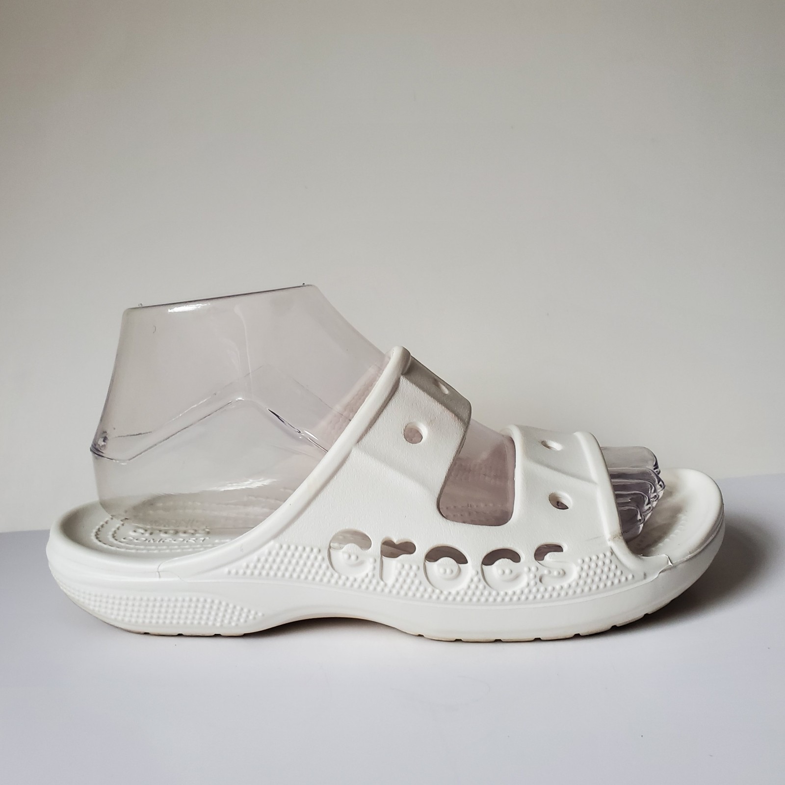 Crocs Baya Slide Sandals Unisex Women 7 Men 5 Spellout Slip-On White Two 2 Strap