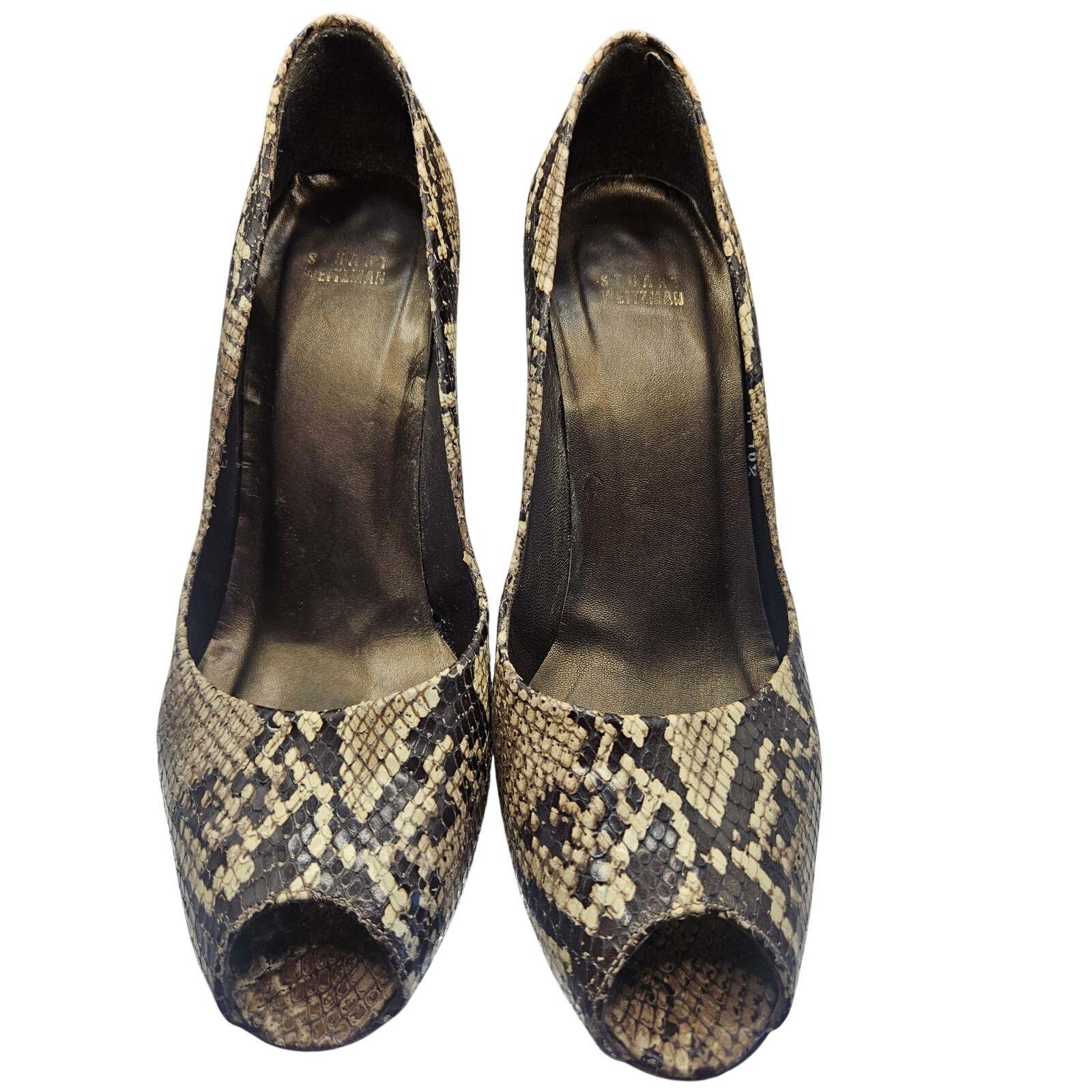 Stuart Weitzman Snakeskin Heels Brown Cream 4″ Heel Sz 10.5M