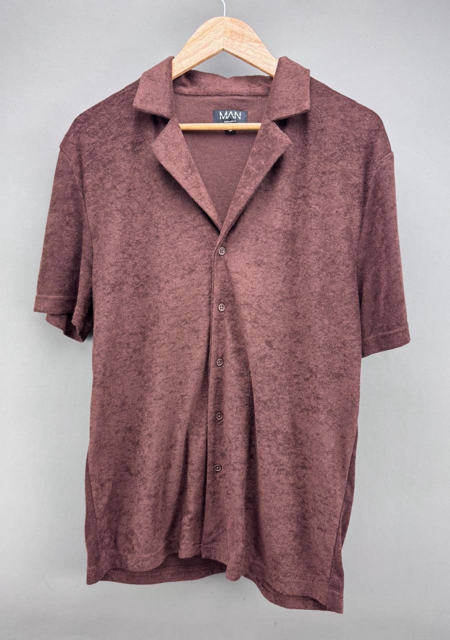 Boohoo-Man Mens Brown Button-Up Short Sleeve Collared Lapel Shirt Size S