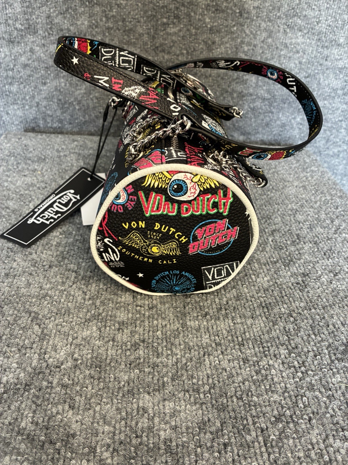 Von Dutch Black/Multicolor Logo Print Cylinder Crossbody Bag Zip Top Chain Strap