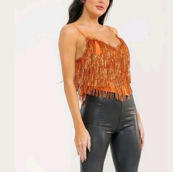 Orange Sequin Fringe Top Cropped Tassel Clubwear Glitter Rave Disco Cowgirl M
