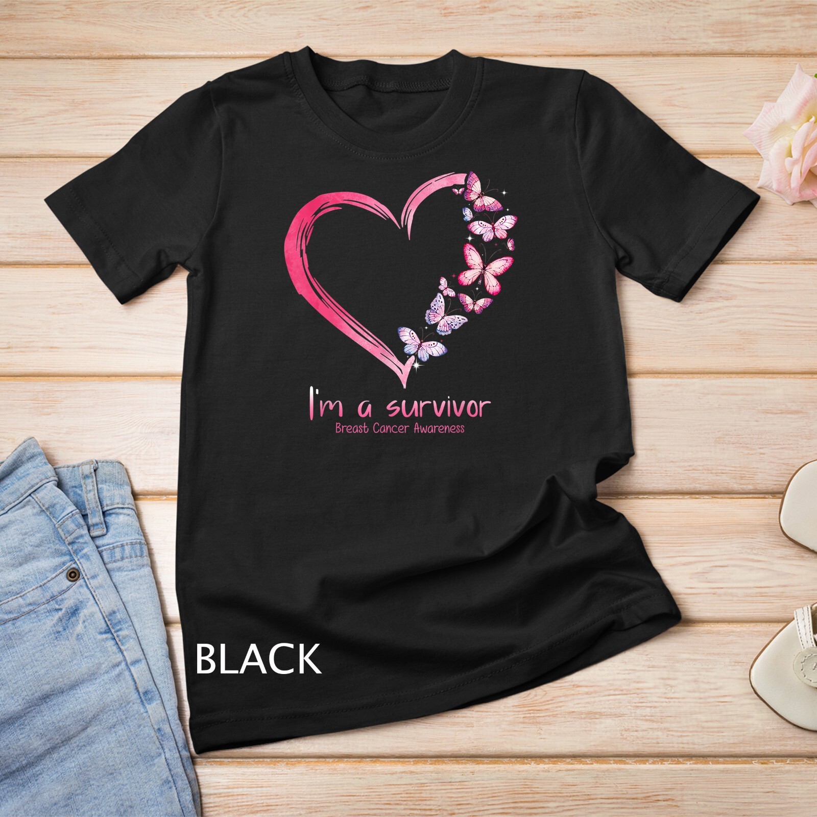 Pink Butterfly Heart I’m A Survivor Breast Cancer Awareness Unisex T-shirt