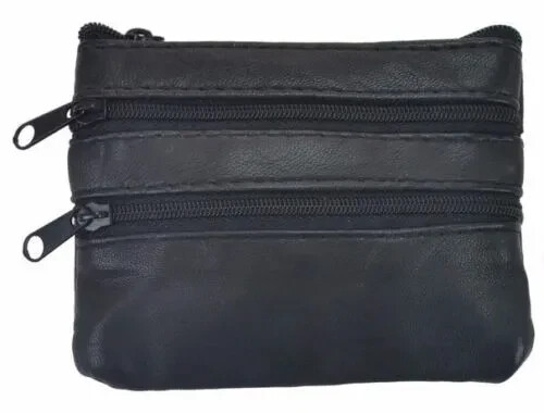 Black Genuine Leather Small Coin Holder Change Purse Zipper Key Card Wallet