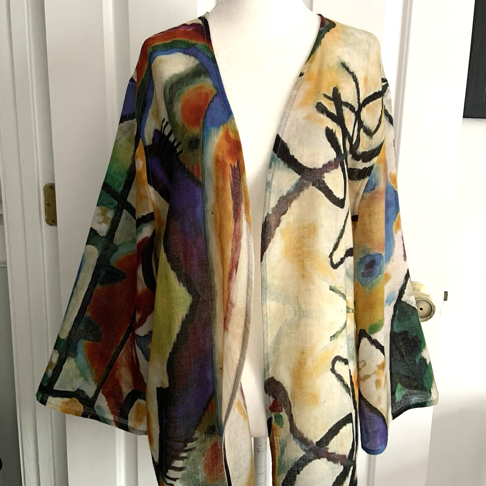 Tao House Open Cardigan 100% Sheer Wool L/XL Hand Printed Abstract *Sm FLAW