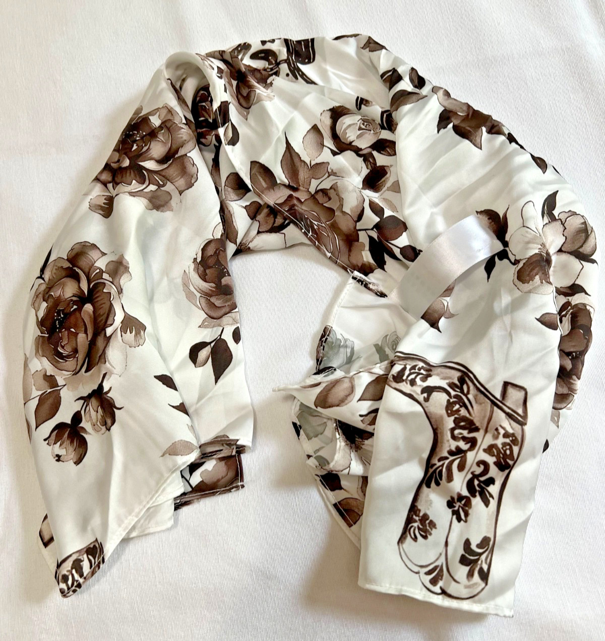 Western Floral Boot Print Women Scarf Bandana Cowgirl White Brown 26.5 in square