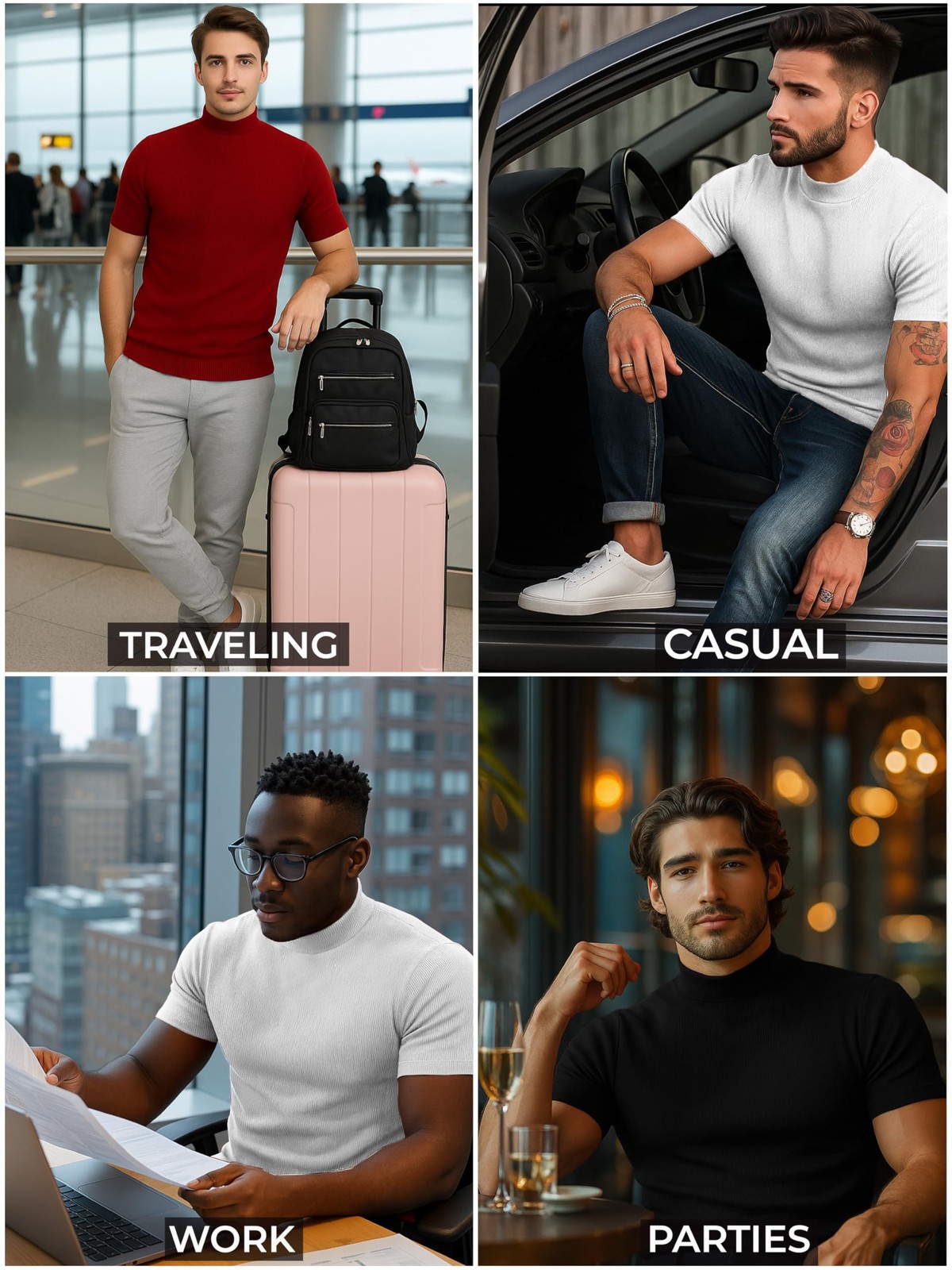 Men Mock Turtle Neck Shirt Slim Fit Short Sleeve Casual Ribbed Monak Turtleneck