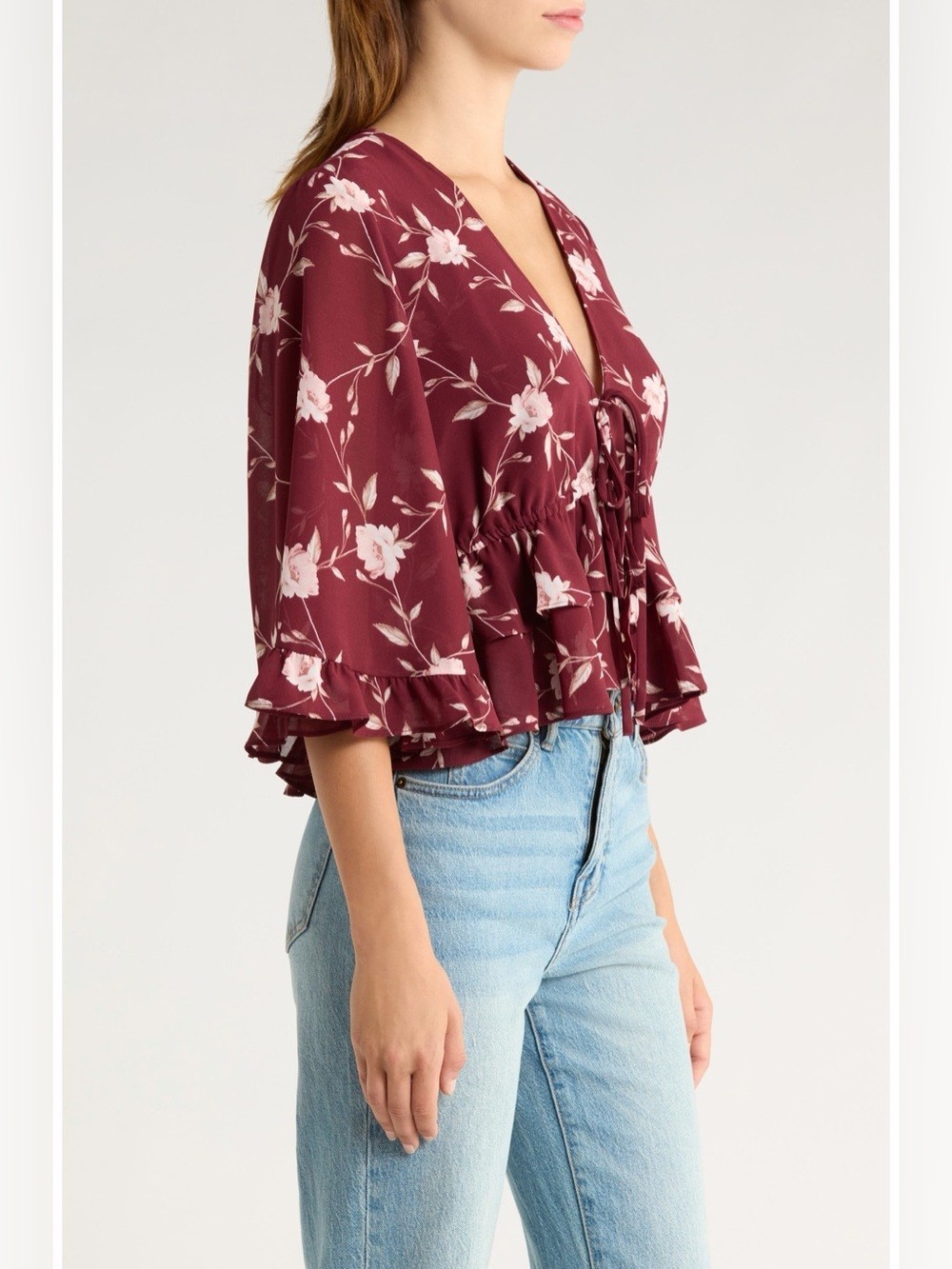 WAYF Free Spirit Floral Ruffle Top XS Burgundy Boho Romantic