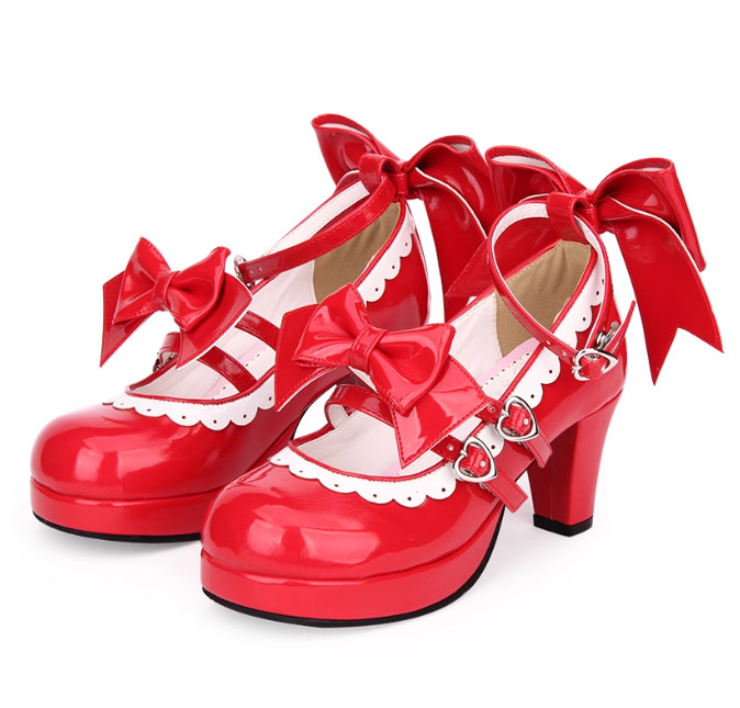 Lolita Women’s Mid Heel Cosplay Shoes Bowknot Platform Sweet Candy Shiny Leather