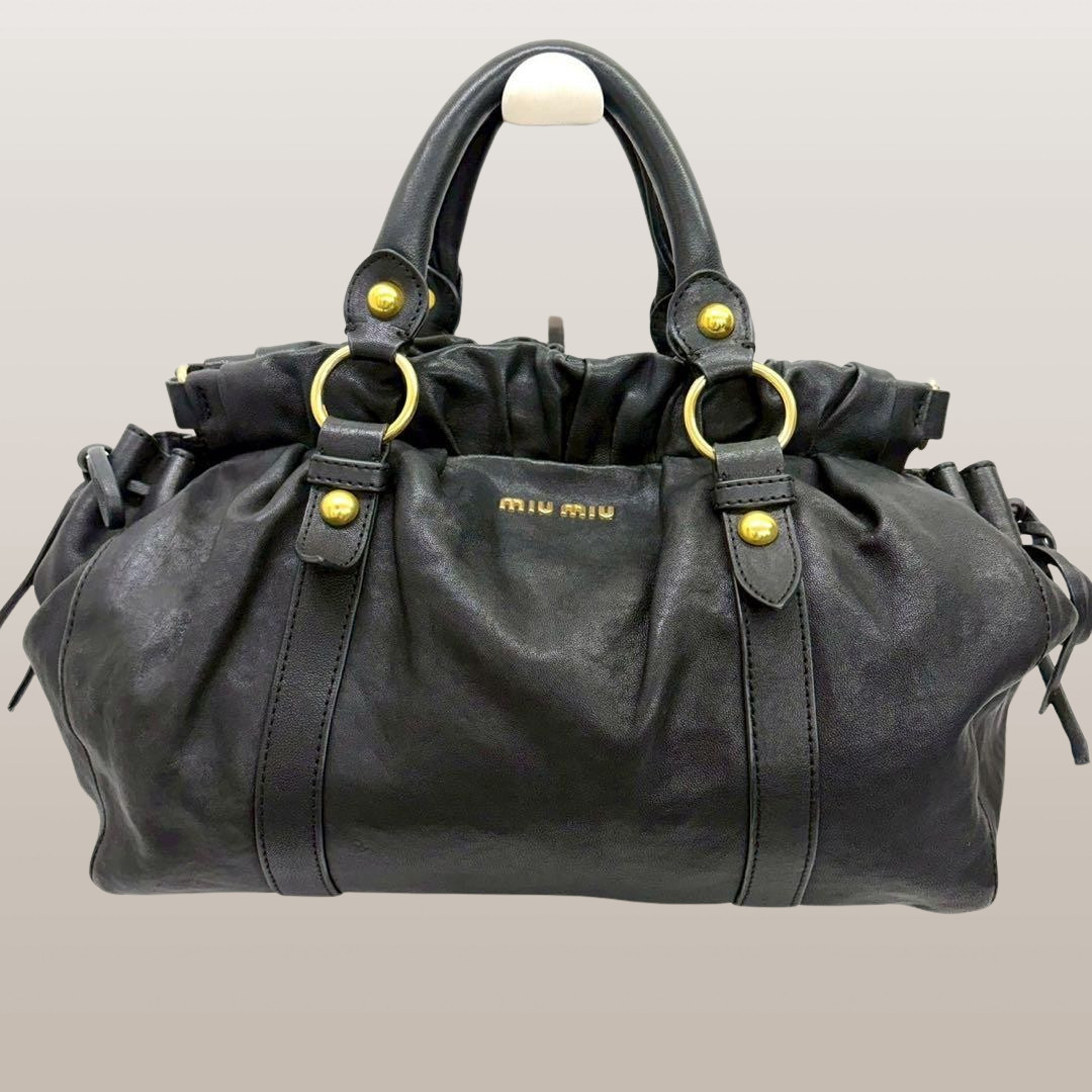 Auth MIU MIU Vitello Lux Leather Handbag Black Gathered Women’s Gold Magnet