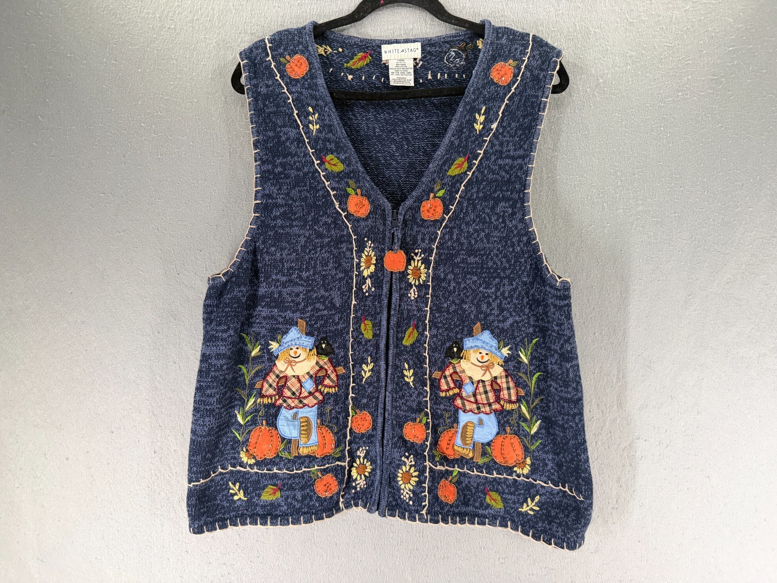 Vtg White Stag Sweater Vest Womens Xl 16/18 Scarecrow Pumpkin Beaded Whimsical