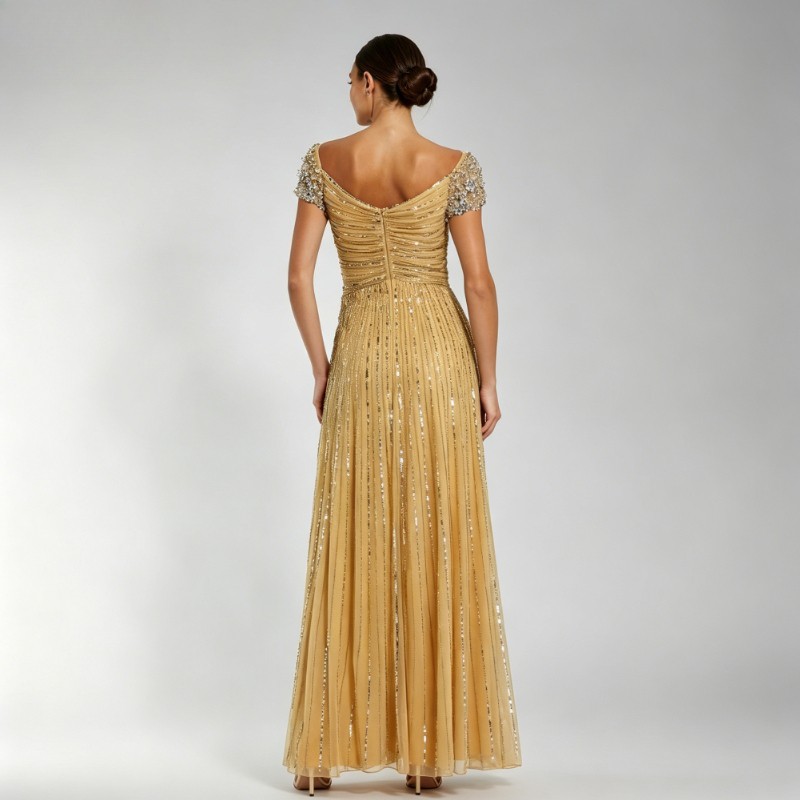 Luxury Gold Sequined Evening Gown With Embellished Shoulders Customized Dresses