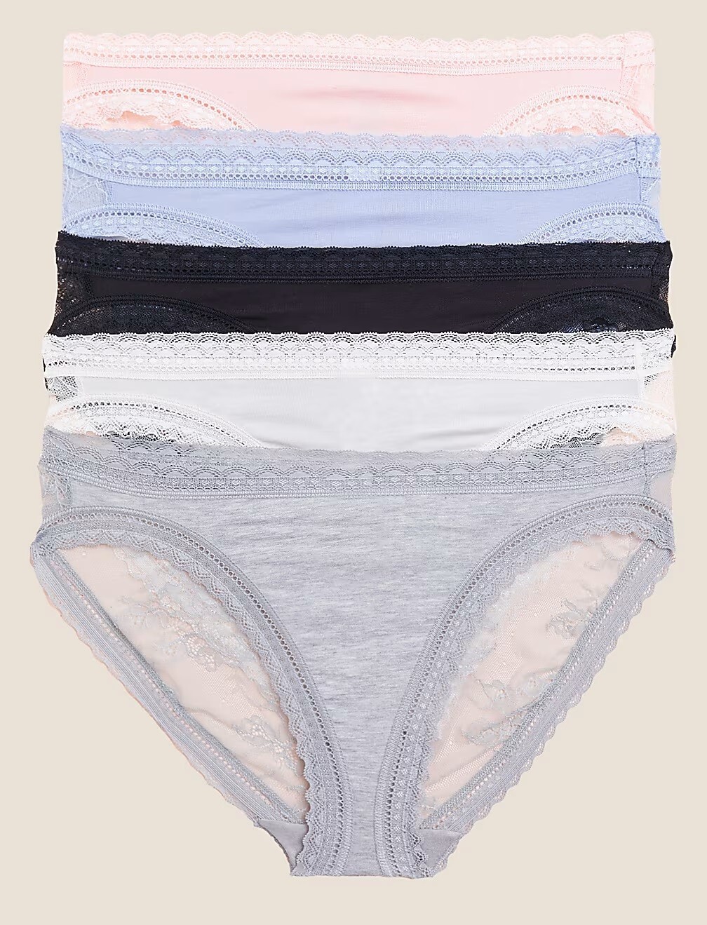 ex M & S Ladies 5 Pack Lace & Modal Supima Cotton High Legs Briefs Sizes 8 to 20