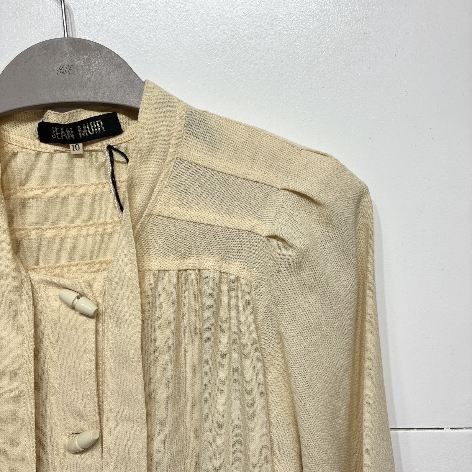 Jean Muir Dress Vintage Yellow Toggle Button Neck Tie Shoulder Padded UK 10