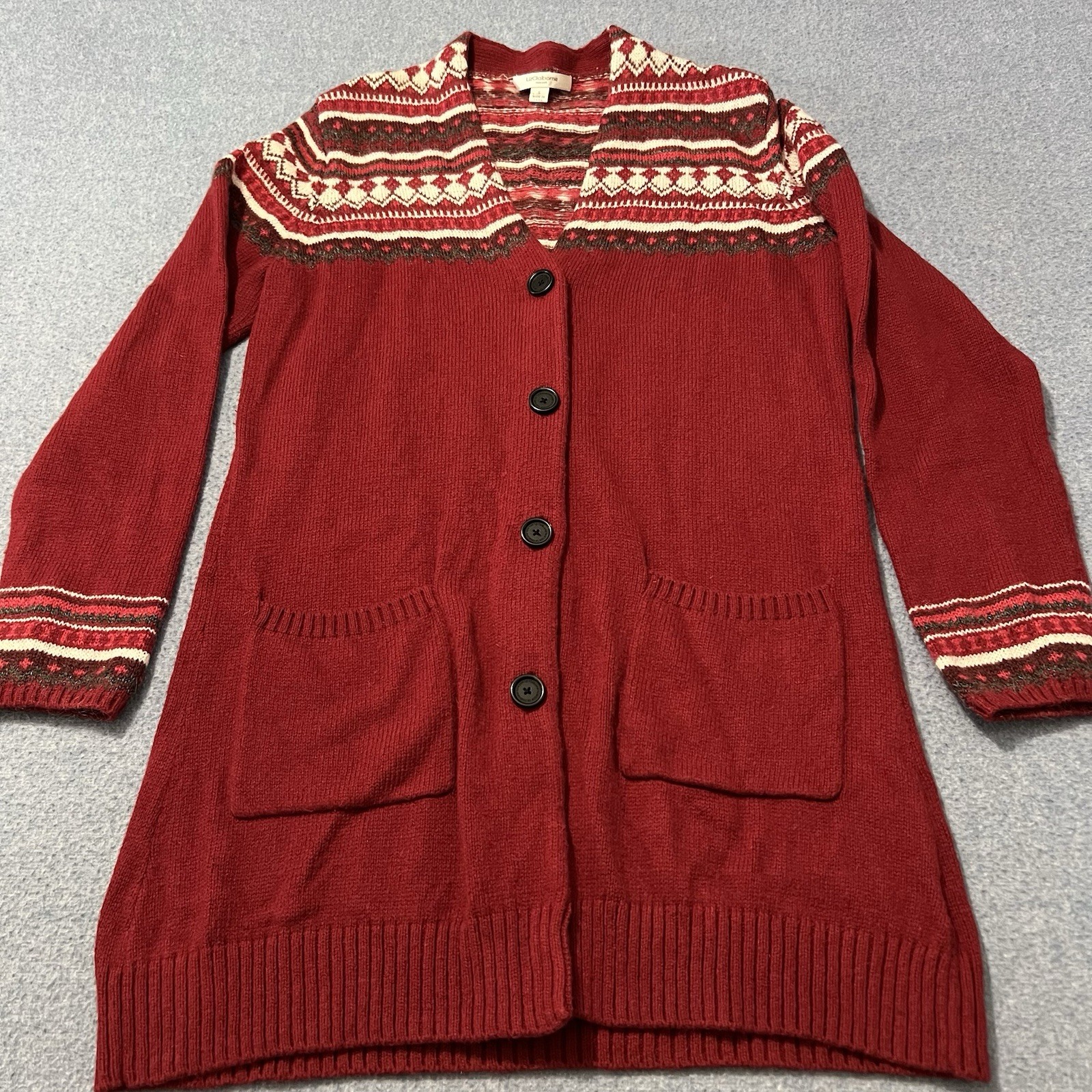 Liz Claiborne Fair Isle Cotton Wool Blend Cardigan Sweater Small Pockets Fall
