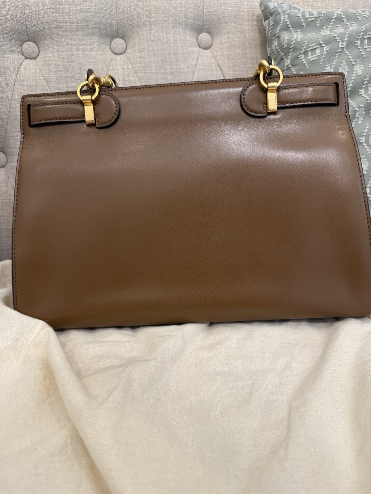 Tory Burch Lee Radziwill Leather Top Handle Satchel-Large in Moose w gold HW