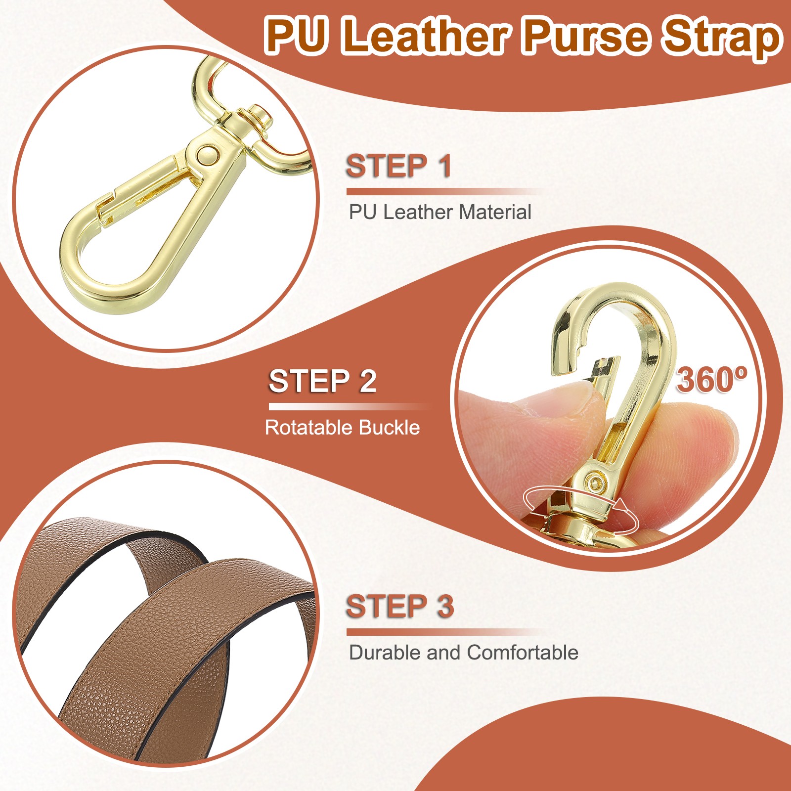 45.3″ Adjustable PU Leather Purse Strap Crossbody Replacement Light Brown/Gold