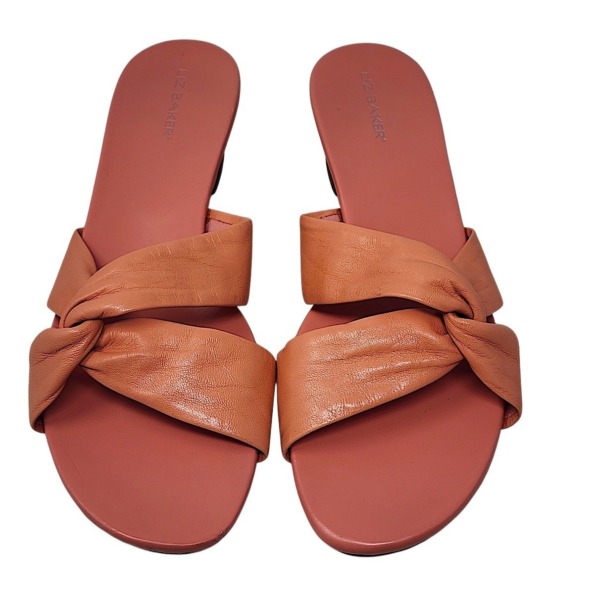 Liz Baker Slides Sandals 9.5 M Womens Peach Leather Knot Kitten Heel Slide Mules