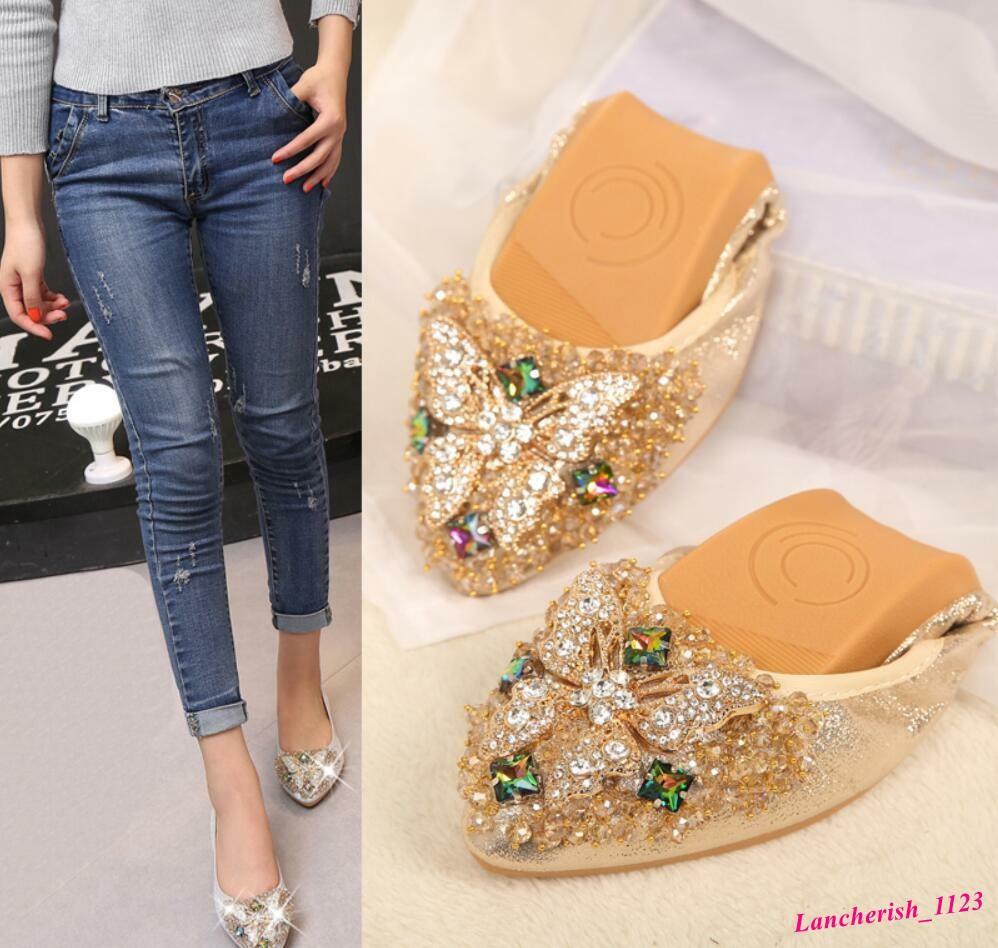 Rhinestone Butterfly Women’s Pointy Toe Shoes Slip On Loafers Flats Formal Chic
