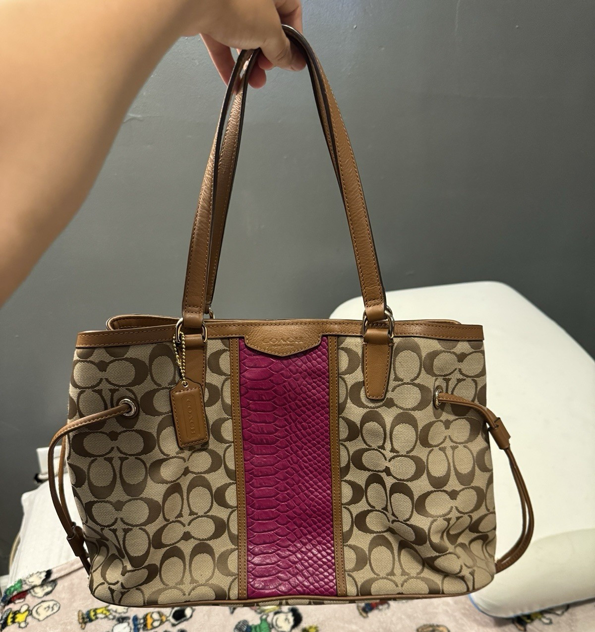 Coach Signature Stripe Drawing Carryall Tote with Magenta Snakeskin