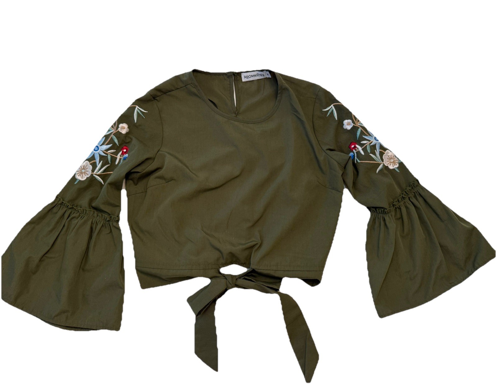 Roommates Gorgeous Embroidered M Olive Green Crop Top w/Bell Sleeves Boho Preppy