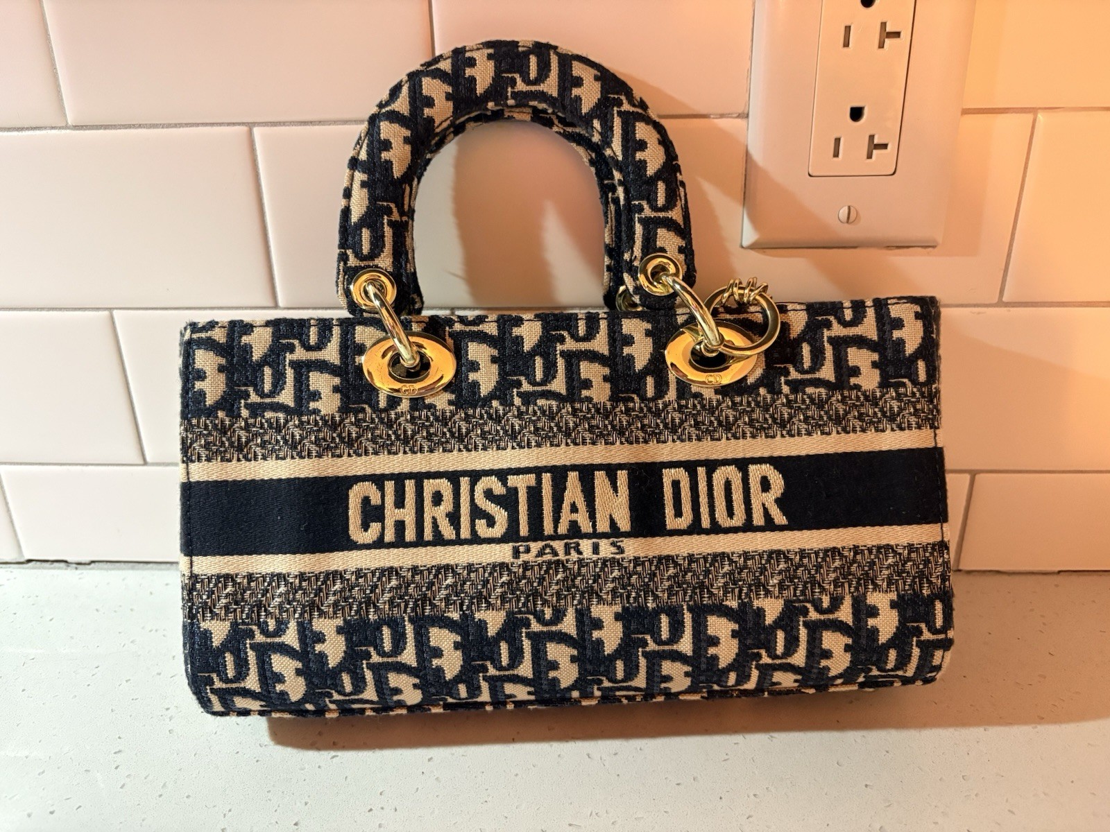 Dior Blue Beige Monogram Jacquard Top Handle Bag Gold Hardware CD Charm