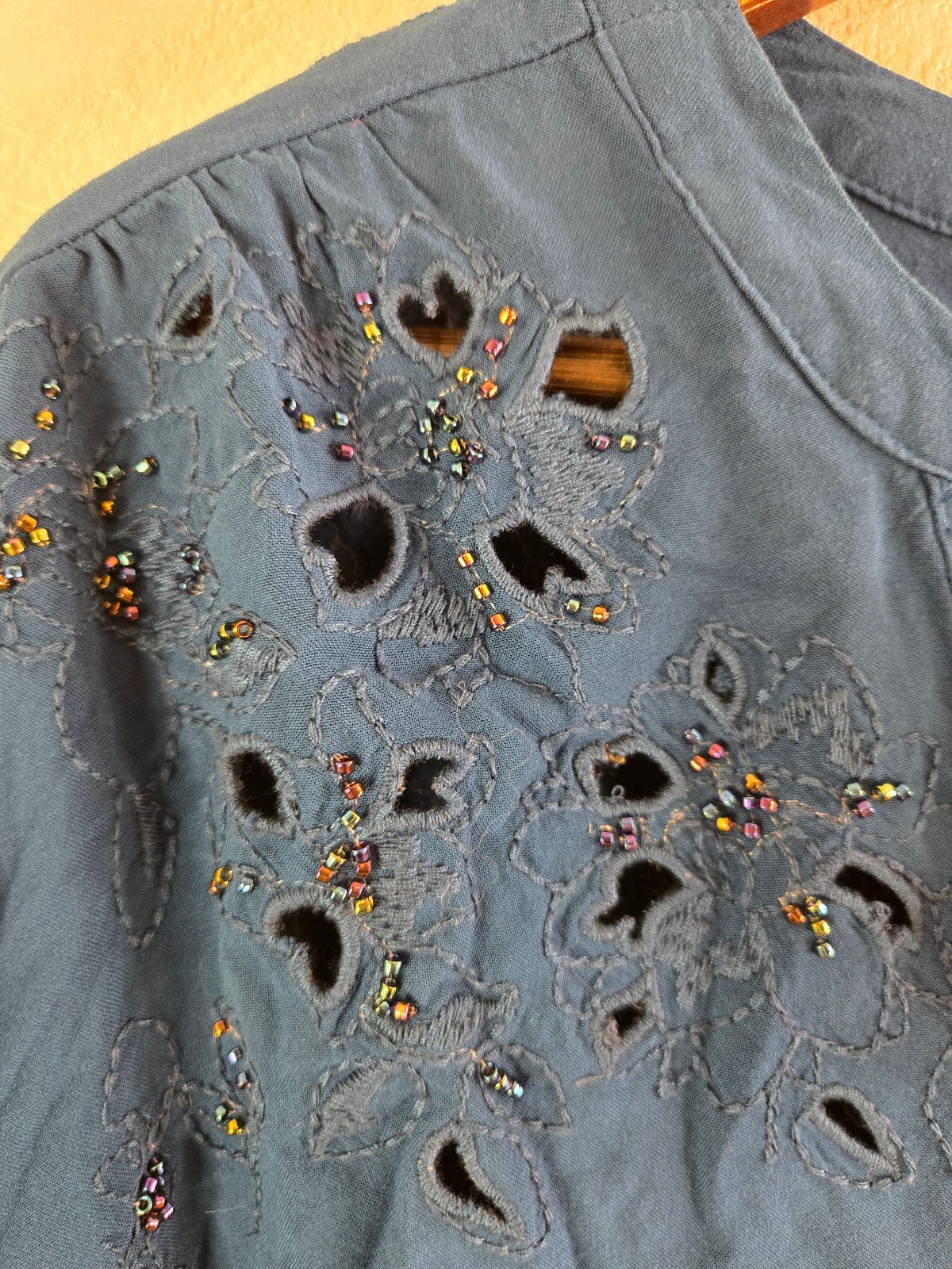 Torrid Womens 2 (18-20) Blue Challis Beaded Embroidered Cut Out Peasant Blouse