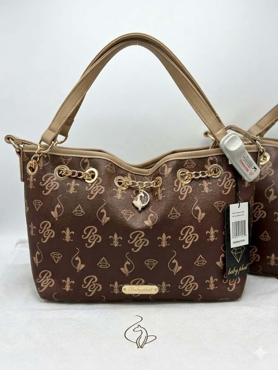 Baby Phat Brown Logo Shoulder Bag, Chain Accents, Magnetic, Pink Lining