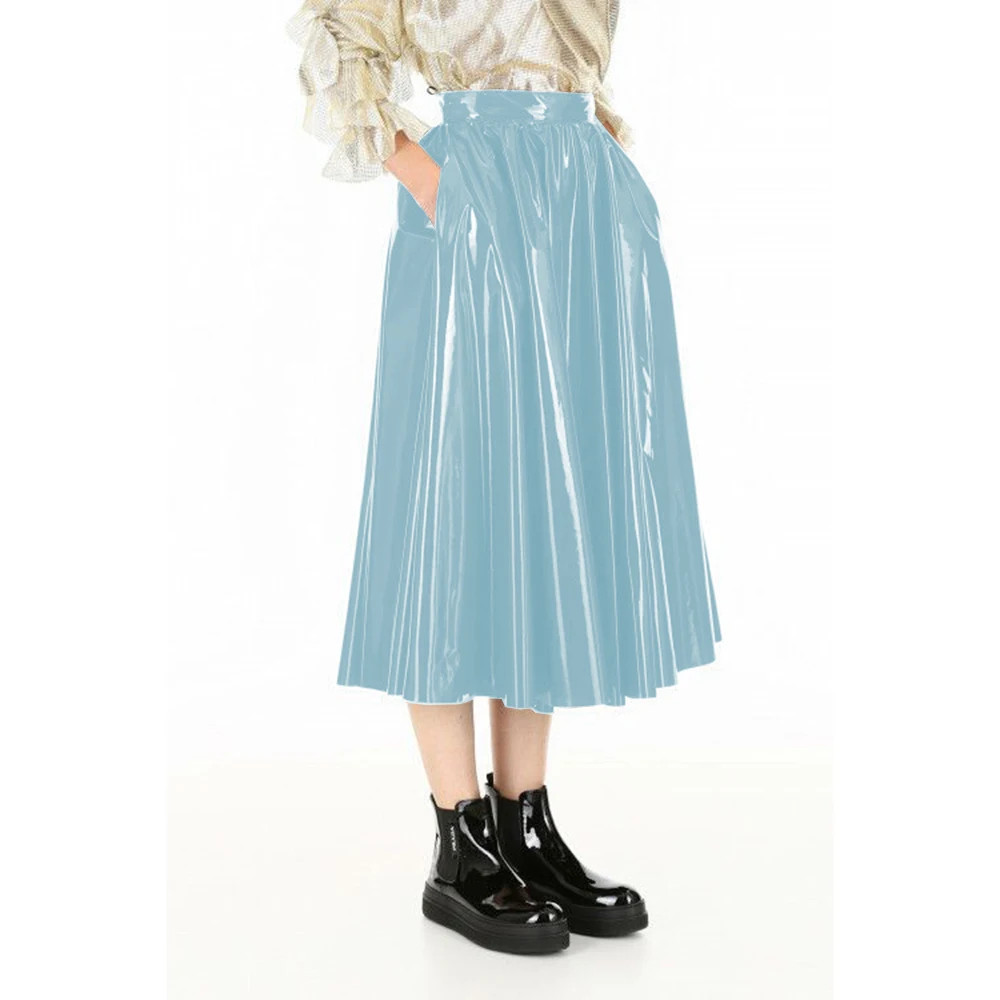 Vinyl PVC Leather Midi Skirts Casual Fashion Female High Waist A-line Skirt