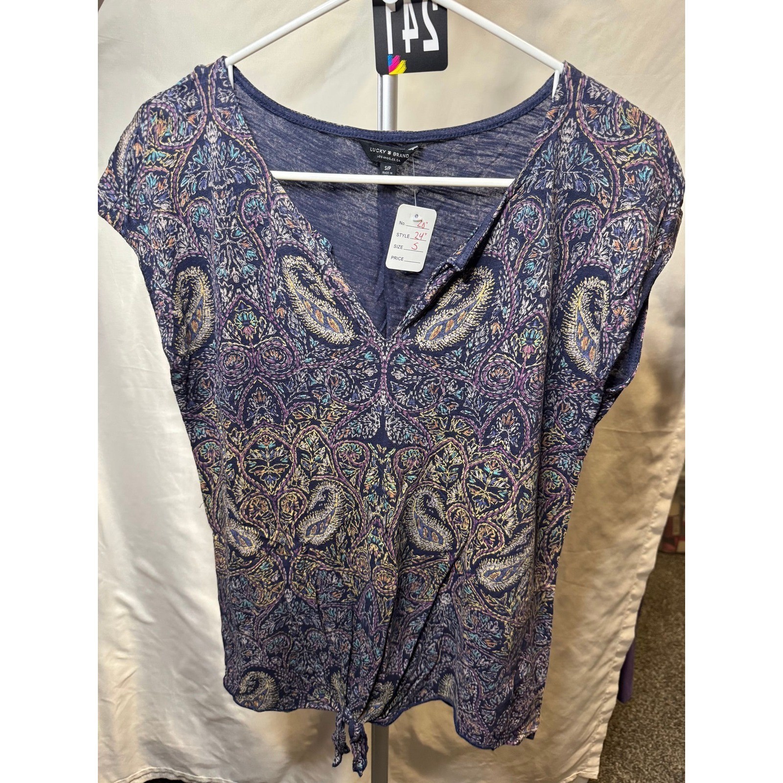 241 Lucky Brand Blue Paisley Tie Front V-Neck Cotton Modal Top Small Boho Shirt